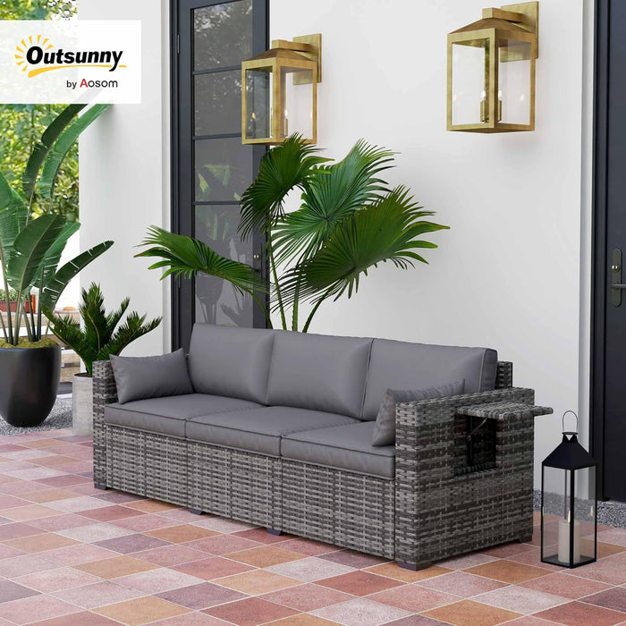 3 Seater Wicker Sofa with Side Tray Tables, Rattan Outdoor Patio Sofa with 6" Thick Back Cushions, Outdoor Wicker Couch with Deep Seating, Pillows for Porch, Garden, Backyard, Mixed Gray