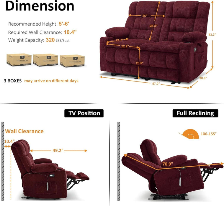 57" Power Loveseat Recliner, Electric Reclining Loveseat Sofa with Heat and Vibration, Cupholders, USB Charge Ports for Living Room 6314 (Burgundy, Loveseat)
