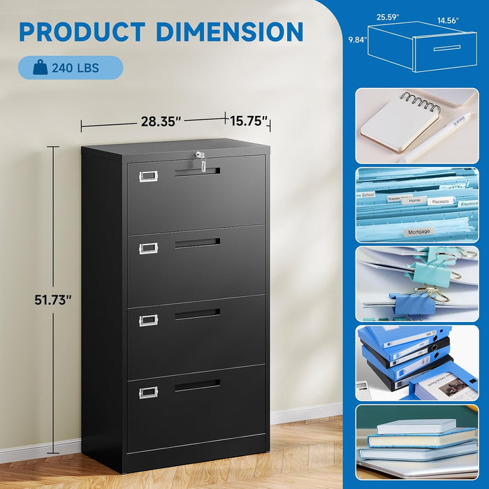4 Drawer Filing Cabinet with Lock Metal Lateral File Cabinet Office Home Steel Lateral File Cabinet for A4 Legal/Letter Size Wide Metal Cabinet Locked,Assembly Required (4 Drawer, Black)