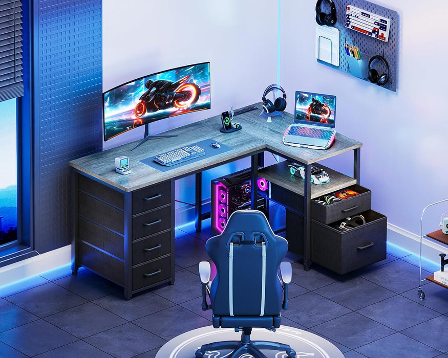 L Shaped Computer Desk with 6 Drawers & Power Outlet, 55 Inch Corner Desk with Reversible Storage Shelf & File Drawer, Home Office Desk, Grey Oak