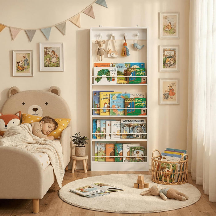 White Wall-Mounted 4-Tier Kids' Bookshelf Organizer