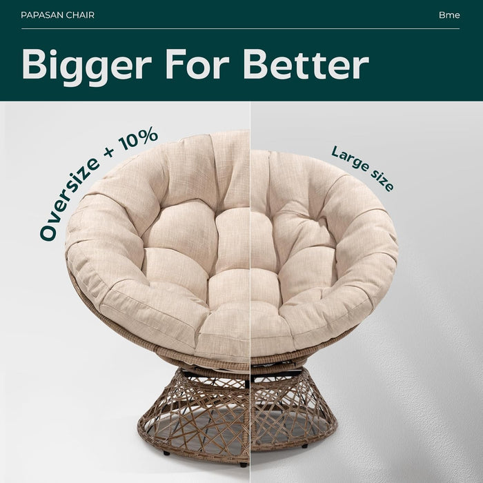 Metal Oversized Swivel Papasan Chair, Living Room Chair with Beige Cushion, Brown Frame, 360° Swivel, Skillfully Woven Resin Wicker, 46 Inch Wide, Bee-Designed Base, Modern Style, Indoor Use