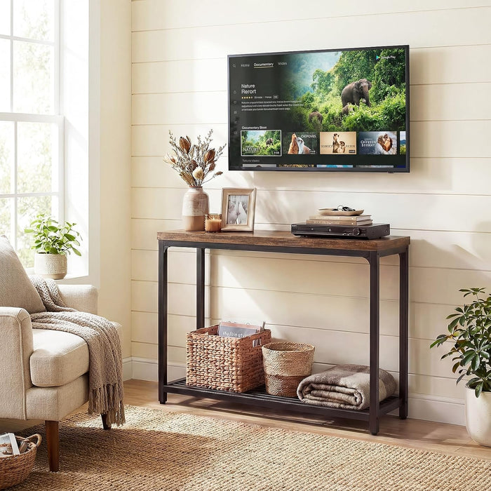 32" Small Console Table with 2-Tier Storage, Industrial Narrow Entryway Table, Sofa Table behind Couch for Hallway, Foyer & Living Room, Sturdy Metal Frame, Rustic Brown