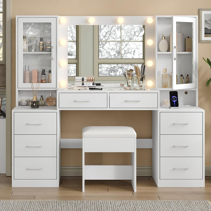 59'' W Large Makeup Vanity Desk with Mirror and Lights, White Vanity with Power Outlet, 8 Drawers & 2 Cabinets, 3 Lighting Modes Brightness Adjustable, Glass Top Vanity with Chair for Bedroom