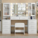 59'' W Large Makeup Vanity Desk with Mirror and Lights, White Vanity with Power Outlet, 8 Drawers & 2 Cabinets, 3 Lighting Modes Brightness Adjustable, Glass Top Vanity with Chair for Bedroom