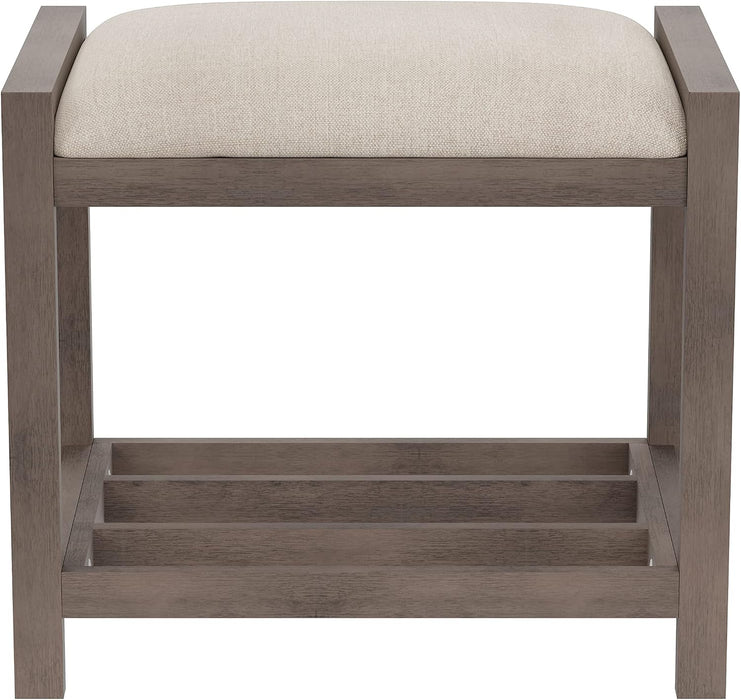 Gray Upholstered Vanity Stool With Linen Upholstery