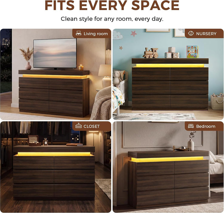 6 Drawer Dresser with LED Lights and Charging Station, Modern Brown Dresser