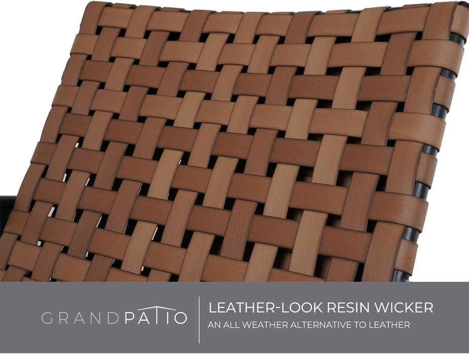 Outdoor Bistro Set 3 Pieces Leather-Look Wicker Patio Chairs Set Powder Coated Aluminum Frame with Outdoor Chairs Set of 2 and Side Table for Garden Backyard Balcony Brown