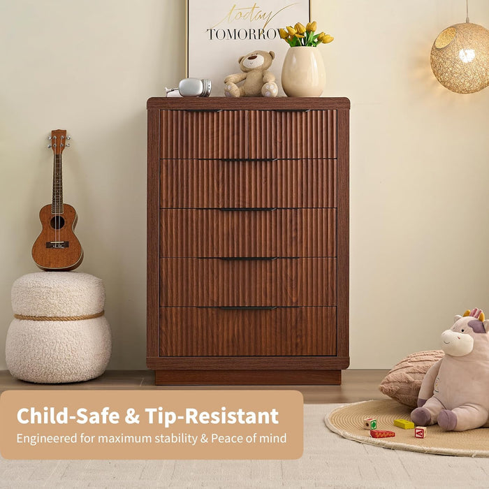 Walnut Dresser with 6 Drawers, 44.4" Tall Modern Chest of Drawers with Thickened Curved Profile Design, Wooden Dresser Organizer for Bedroom, Living Room, Hallway