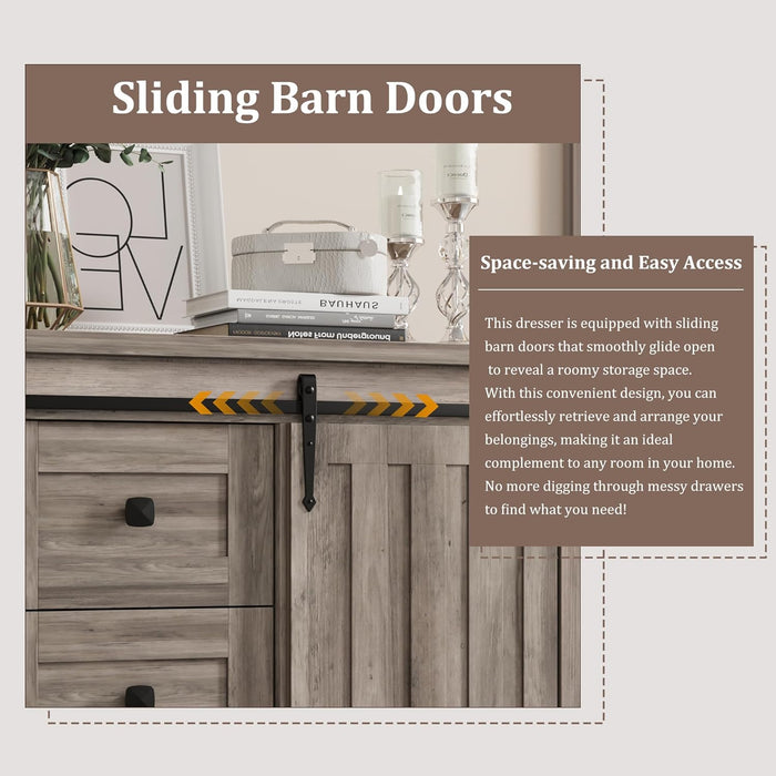 Farmhouse 5 Drawer Dresser for Bedroom, 48 in Tall Wood Dresser Chest of Drawer with Sliding Barn Door, Adjustable Shelf, Storage Organizer for Bedroom, Hallway, Living Room, Kitchen, Grey