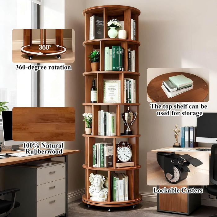 Rotating 6-Tier Walnut Rubberwood Bookcase 360 Degree