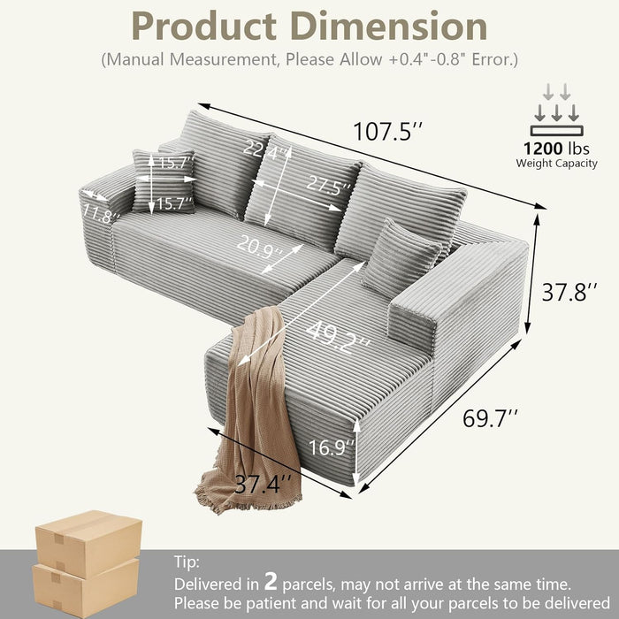 107Inch Grey Corduroy LShaped Modular Sleeper Sofa