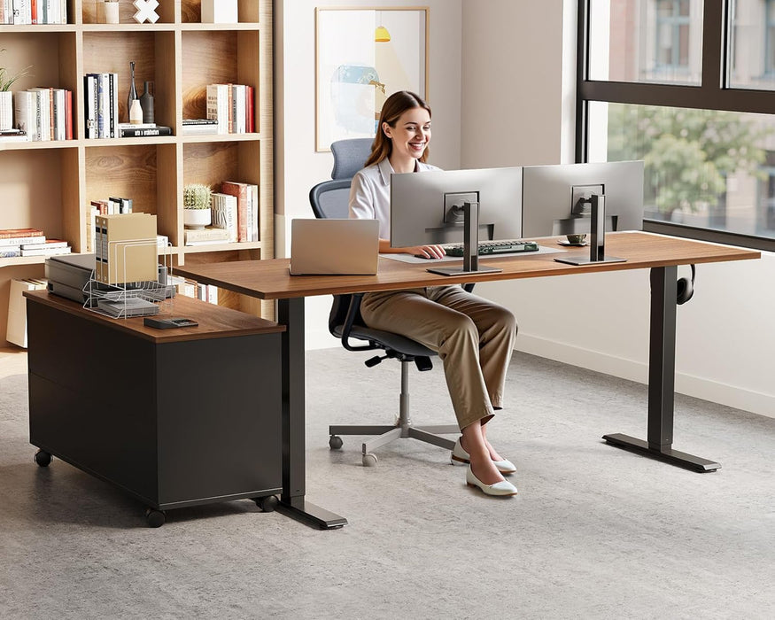 55 Inch L Shaped Electric Standing Desk with Drawers & File Cabinet Sets, Executive Sit Stand Desk, Height Adjustable Computer Desk for Home Office, Writing, Workstation, Walnut+Black
