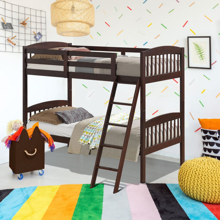 Hardwood Twin Bunk Beds with Inclined Ladder and Safety Guardrails