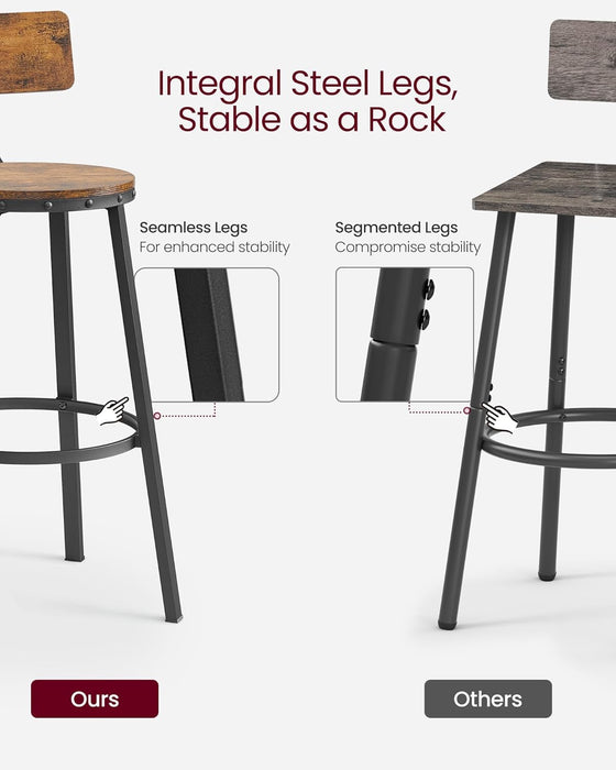 Bar Stools Set of 2, Bar Height Barstools with Back, 28.7 Inches Counter Stools Bar Chairs with Backrest, Steel Frame, Easy Assembly, Bar Stools for Dining Kitchen Bar, Rustic Brown and Black