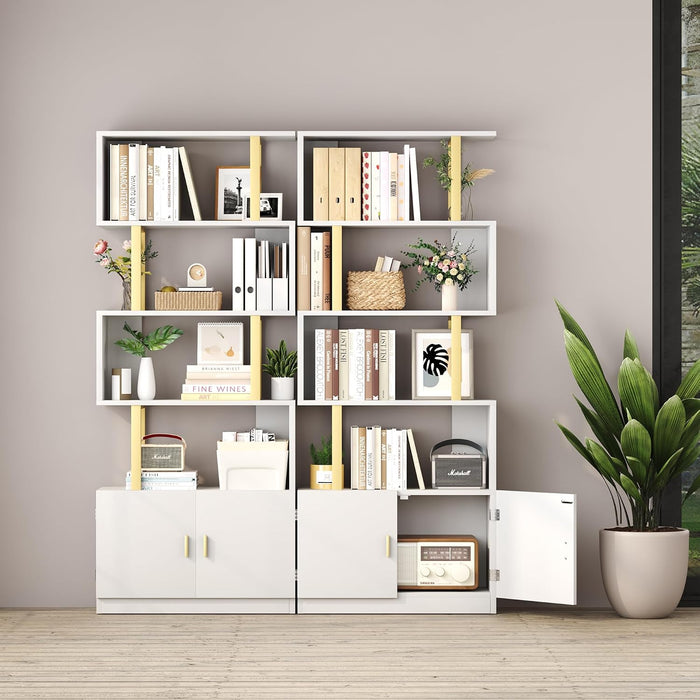 Geometric Bookcase with Cabinet, S Shaped Bookshelf 5-Tier Book Shelves for Bedroom, Modern Wood Decorative Display Shelf Tall Book Case for Home Office, Gold and White