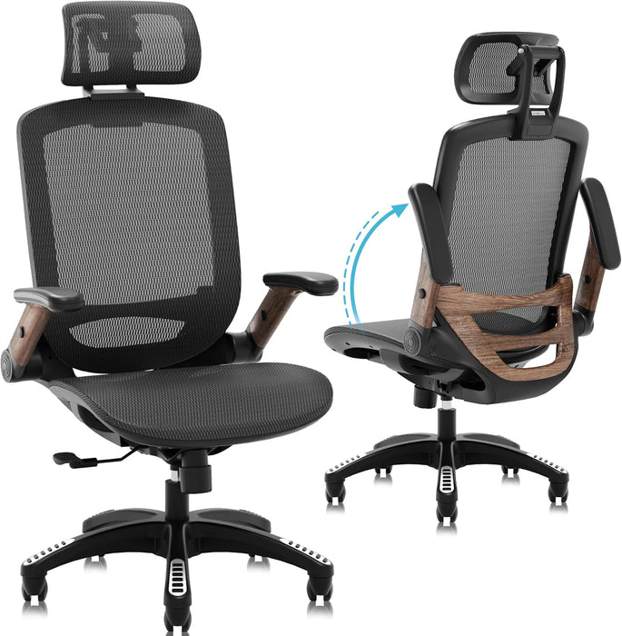 Ergonomic Office Chair, High Back Home Desk Chair with 2D Flip-Up Arms, 3D Headrest, 90-120° Tilt and Wide Cushion, Big and Tall Mesh Chairs for Man Woman, Computer Task Chair Dark Wood Grain