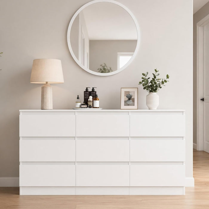 White 9 Drawer Dresser for Bedroom,Modern Deep Drawer Dresser with No-Handle Design,Wide Storage Chest of Drawers,Wood Bedroom Storage Organizer Furniture for Closet,Hallway