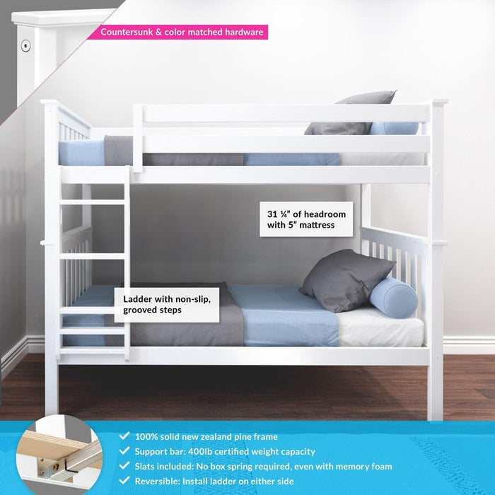White NewZealandSolidPine Twin Over Twin BunkBedFrame