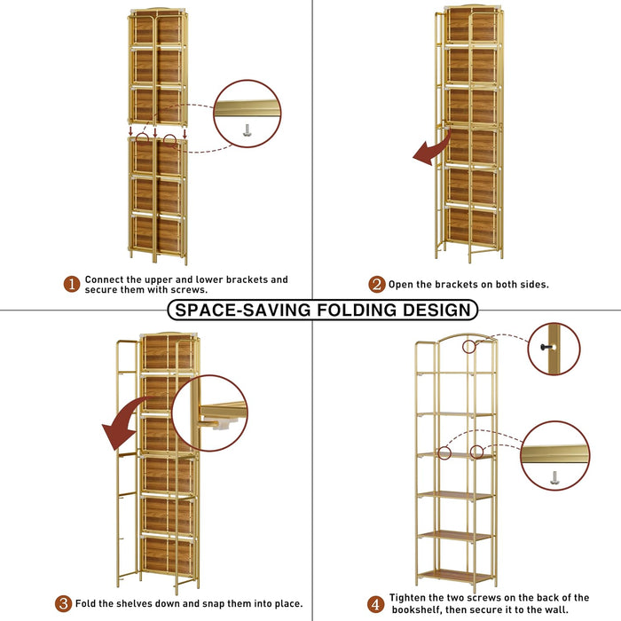 6-Tier Foldable Bookshelf, Gold Frame & Walnut Shelves
