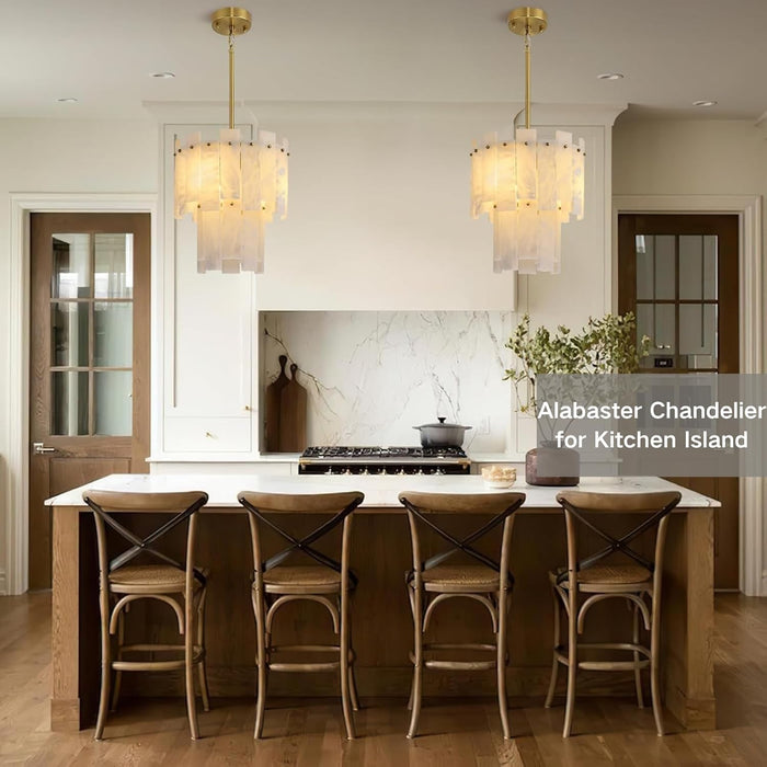 Alabaster round Chandelier, 2-Tier Spanish Alabaster Chandeliers, Warm White, 13" Modern Small Gold Marble Pendant Chandeliers for Foyer, Kitchen Island, Dining Room, Bedroom