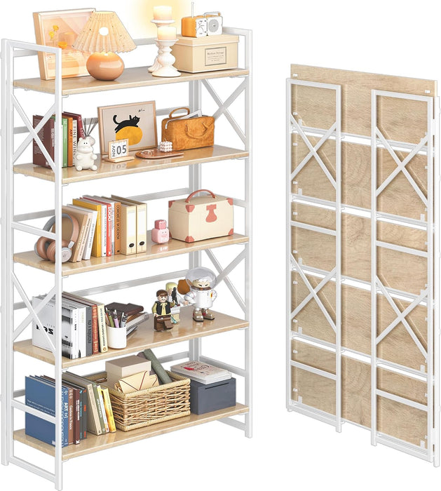 Extra Wide 5 Tiers No Assembly Book Shelves, 51.2" H Folding Bookshelf Bookcase Open Industrial Foldable Shelves for Bedroom, Living Room, Home Office - Natural White