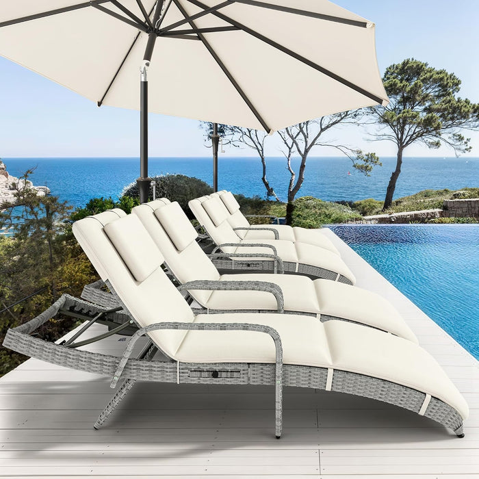 Patio Chaise Lounge Chair Set of 4, Wicker Chaise Lounge Outdoor Rattan Reclining Chair with Armrests/Pull-Out Cup Holder/5-Position Backrest/Cushion & Headrest-Beige