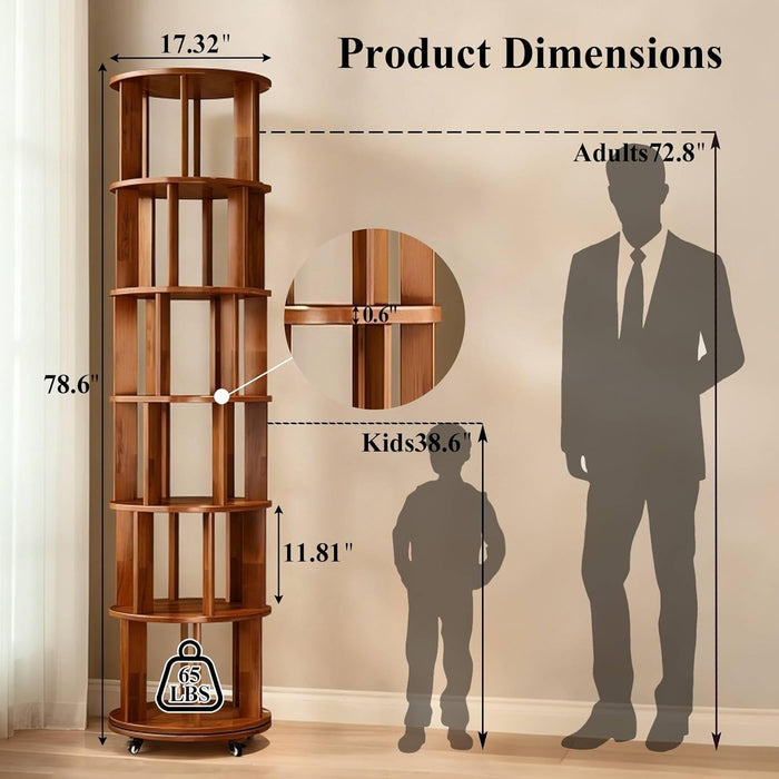 Rotating 6-Tier Walnut Rubberwood Bookcase 360 Degree