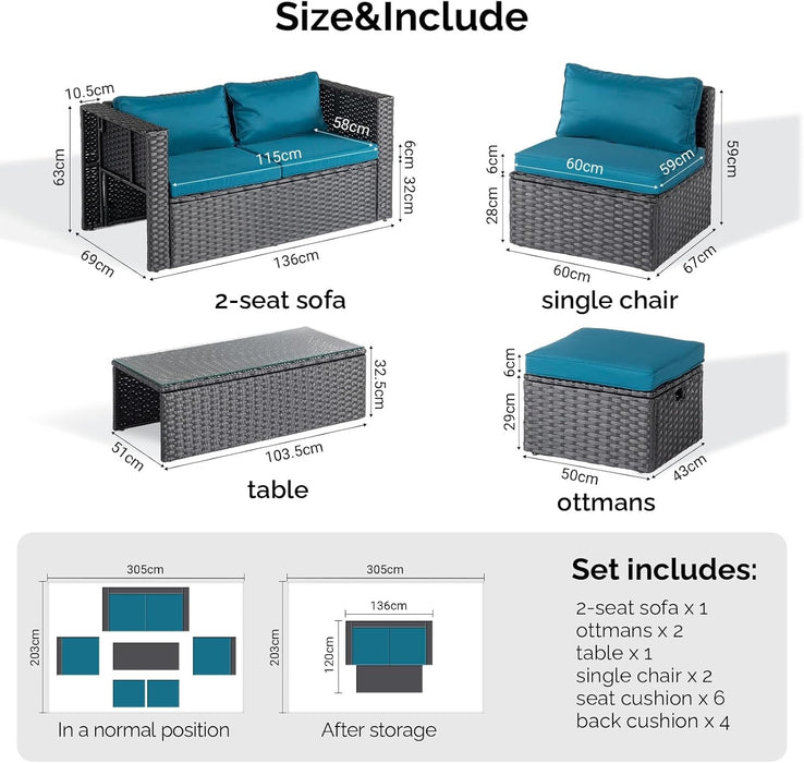 6-Piece Patio Conversation Set with Storage Coffee Table, Peacock Green