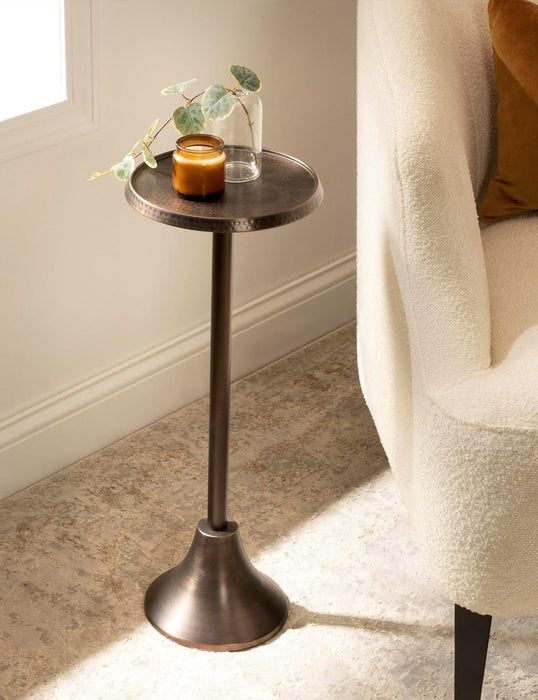 Sanzo Modern Pedestal Drink Table, 9 X 9 X 23, Bronze, Decorative End Table with Hammered Tabletop