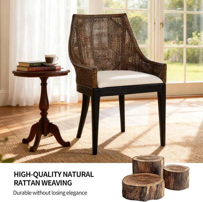 Natural Cane Mesh Rattan Accent Chair, Tropical Coastal Woven Back Armchair with Beige Fabric Cushion & Black Tapered Wood Legs, Ergonomic Comfort for Living Room Bedroom