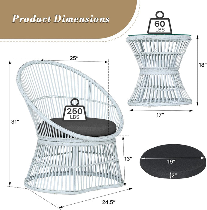 Outdoor Patio Furniture Set Wicker Bistro Set, 3 Piece Conversation Set All-Weather PE Rattan Chairs with Seat Cushions & Glass Table for Porch, Backyard, Black
