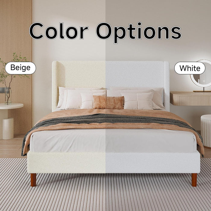 Queen Bed Frame, Boucle Upholstered Platform Bed with Iron & Wood, Beige