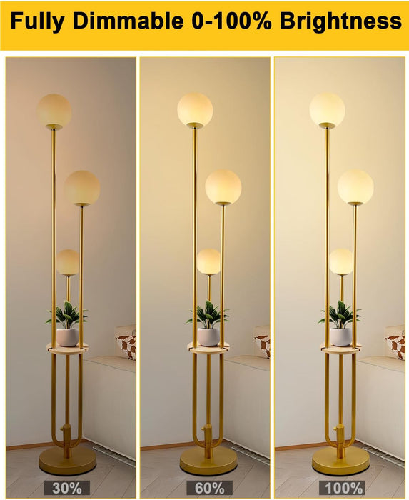 Gold Globe Floor Lamp 3-Lights Dimmable Floor Lamps with Tray 3000K Bulbs Included Unique Floor Lamp Candle Holder Style Modern Standing Lamps for Living Room/Bedroom