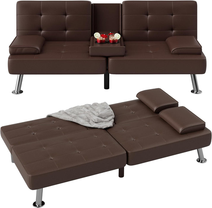 Futon Sofa Bed Modern Folding Futon Set Convertible Recliner Lounge for Living Room with 2 Cup Holders, Removable Armrests (PU Leather, Brown)