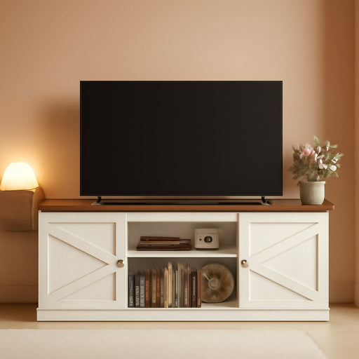Farmhouse TV Stand for Tvs up to 65 Inches, Entertainment Center with Storage Cabinets and Sliding Barn Doors, Media Console Table for Living Room, Rustic White and Honey Brown ULTV535W01