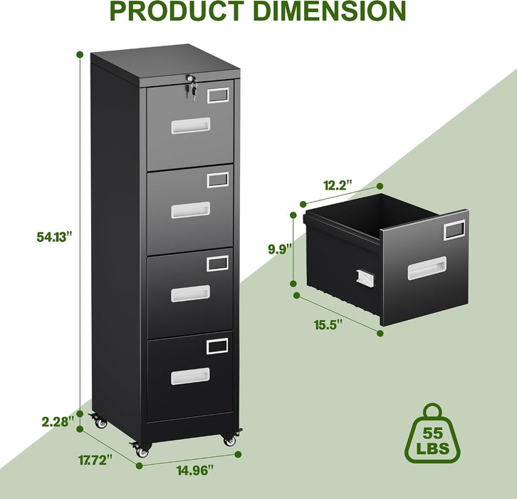 4 Drawer Metal File Cabinet with Lock and Wheels, Black