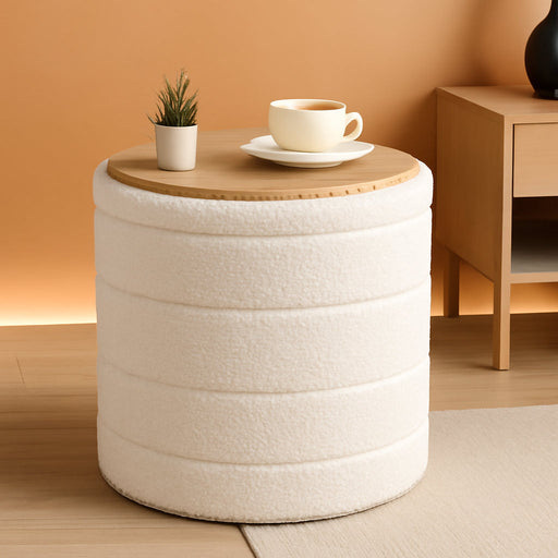 round Storage Ottoman Foot Rest Stool with Tray Velvet Sherpa Folding Storage Ottoman,Boucle Foot Rest for Living Room, Bedroom, Dorm,White Color