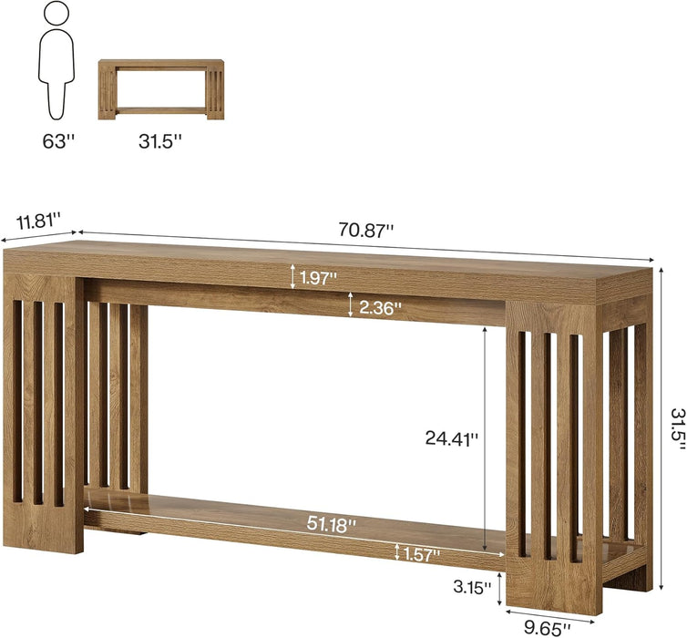70.9-Inch Extra Long Entryway Table, Farmhouse Sofa Console Table with Vertical Stripe Legs, 2-Tier Entry Furniture for Living Room, Hallway, Entrance (Light Brown)