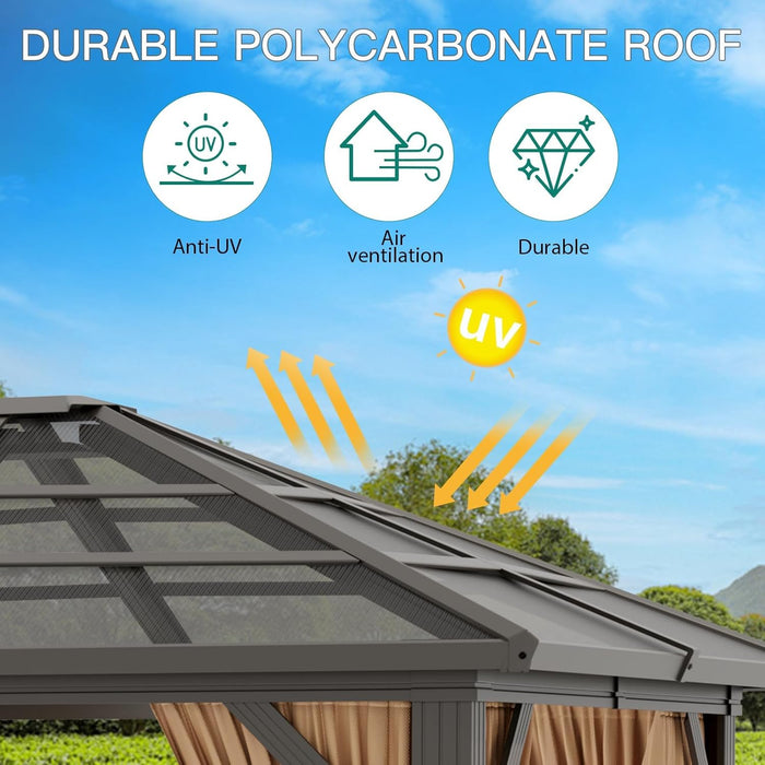 10X12 Ft Outdoor Gazebo Canopy with Heavy-Duty Aluminum Frame & Waterproof PVC Roof - Sun Shelter Tent for Backyard, Patio, Garden, Park Events