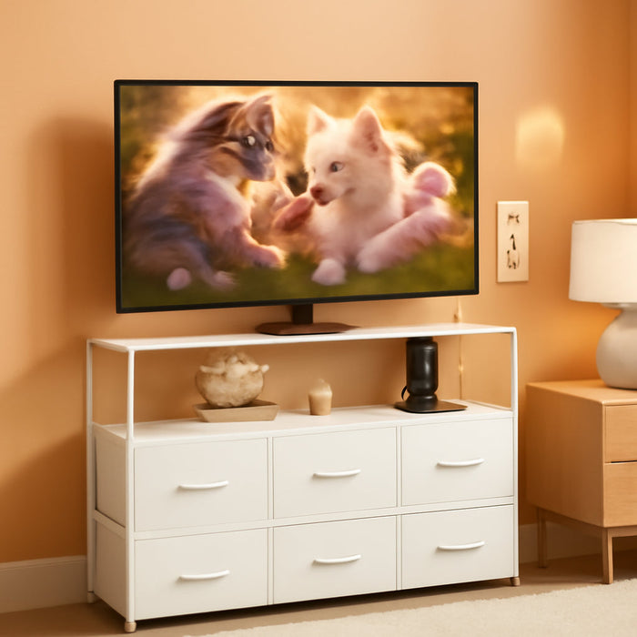Dresser TV Stand for Bedroom, Entertainment Center with Open Shelf and Power Outlet, White Fabric Dressers with 5 Drawers, TV Stands for Closet