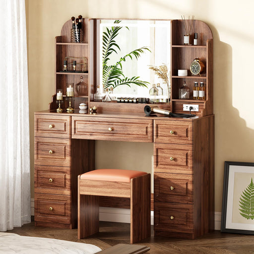 43" Makeup Vanity Desk with Mirror and Lights, & Power Outl, Glass Top Big Vanity Table with 9 Drawers& 8 Storage Shelves, Dressing Table Set with Chair for Bedroom, Brown