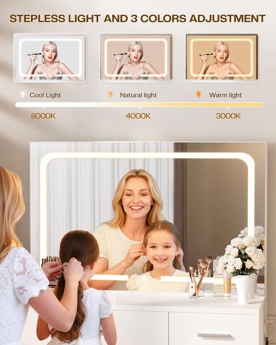 Makeup Vanity Desk Set, White, 35.4“W X 15.7" D X 53.9" H (Large Smart LED Mirror, with Cushion Stool, Hairdryer Rack, Power-Outlet, 4 Drawers)