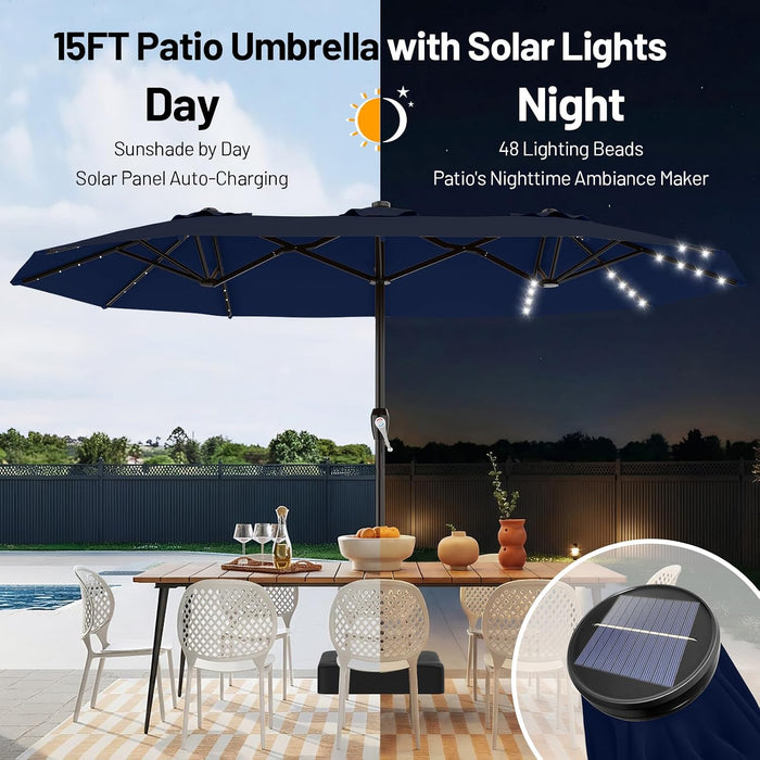 15FT Patio Umbrella with Solar Lights, Double Sided Outdoor Table Umbrellas with Crank, Large Rectangular Market Umbrella for Porch, Lawn, Pool, Backyard, Navy