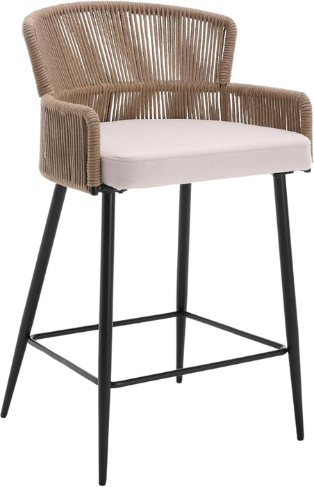 Farmhouse Woven Bar Stools Set of 3, 26 Inch Linen Upholstered Rattan Barstools with Curved Backs, Modern Cane Counter Height Bar Chairs with Metal Legs and Armrest for Kitchen Island, Beige