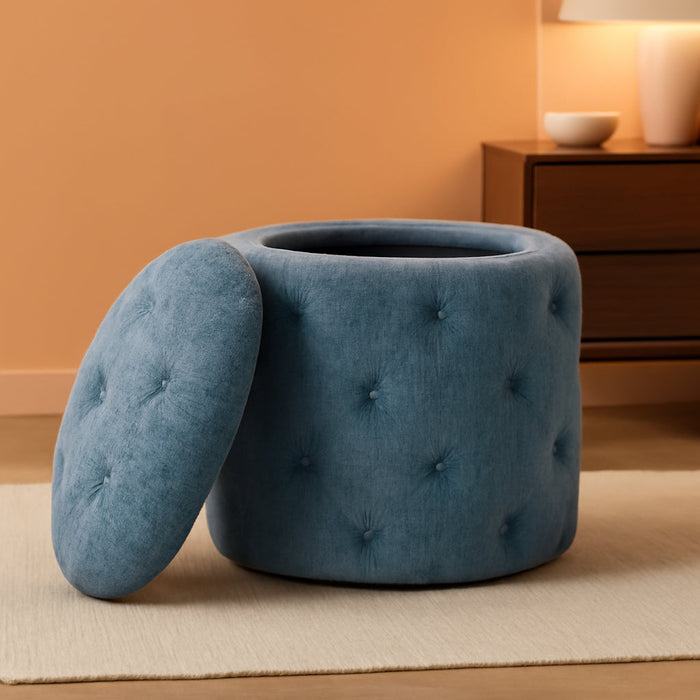 Erindale round Storage Ottoman, 18.75 Inch Diamond Tufted, Plush Lined Interior, Sky Blue