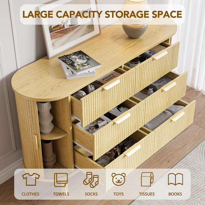 6 Drawers Dresser with 4 Storage Compartments, 55'' Modern Chest of Drawers with Sliding Door & Metal Handles, Curved Profile & Sturdy Legs, Wooden TV Stand for Bedroom, Living Room (Natural Oak)
