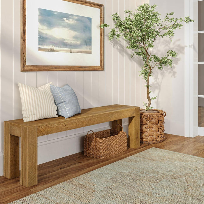 Camden, Farmhouse Dining Bench, 58", Solid Wood Dining Bench, Rustic Bench for Dining Table and Kitchen, Natural Wood Grain, Rustic Honey