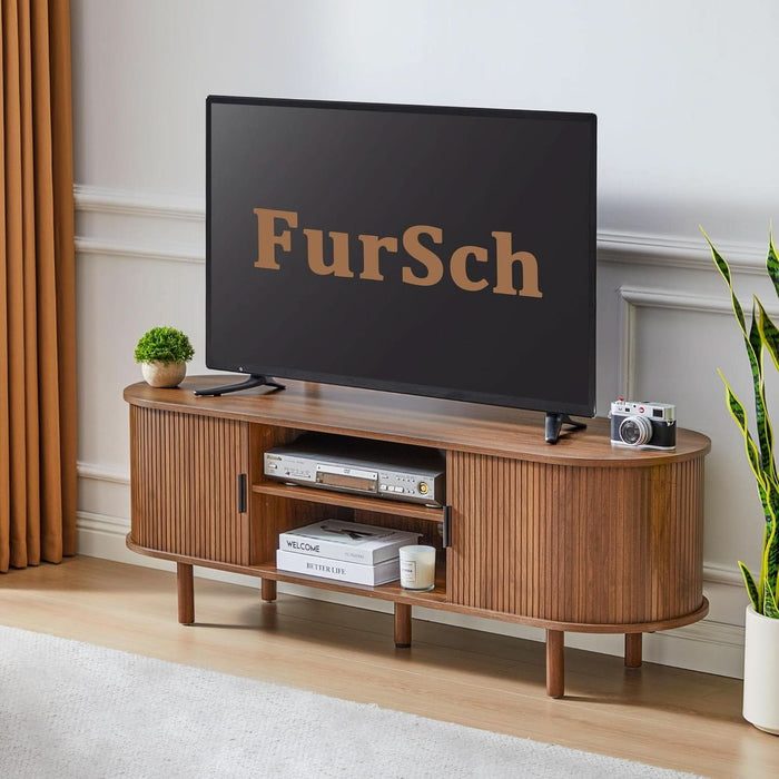 54" Tambour Door TV Stand,Wood Mid Century Modern TV Cabinet for up to 65“ Tv,Curved Edge Long TV Stand with Storage for Bedroom Living Room(Walnut, 54Inch)