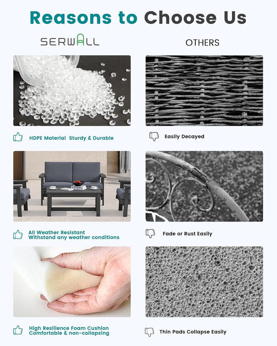 4 Piece HDPE Outdoor Furniture Set, All Weather Wood-Like Outdoor Sofa Sectional Couch, Grey Patio Furniture Set with Grey Cushions